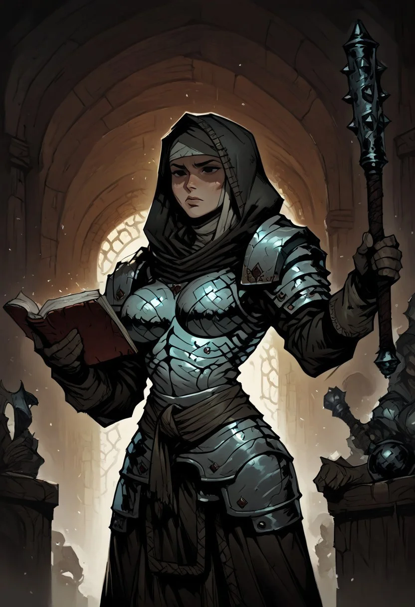 masterpiece, best quality, newest, absurdres, highres, anime, anime style, 1girl, DDVESTL-V1.0, 1girl, armor, hood, shoulder pads, breastplate, shoulder armor, pauldrons, book, weapon, mace, holding, holding book, holding mace, holding weapon, black eyes, shaded eyes,