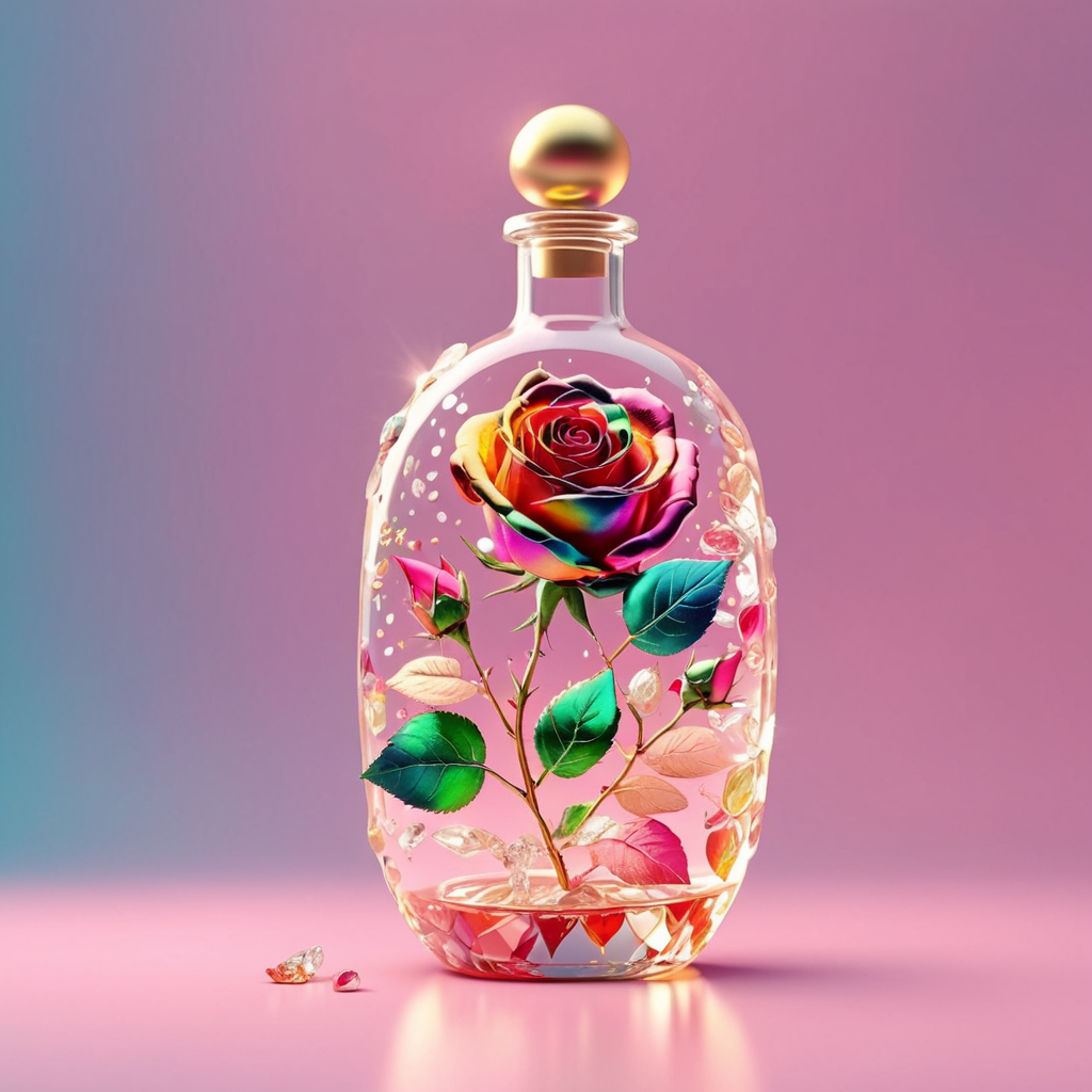 an image of, close-up,  flowers MD_Jewelry,CN_SP style,the gem and Diamond colorful rose in the bottle,  gem leaves, golden ,particles,dymanic pink background, faint light, front view ,film <lora:0210_rose-checkpoint-6000:0.7>  <lora:0208_sprint_festival-checkpoint-8000:0.5>