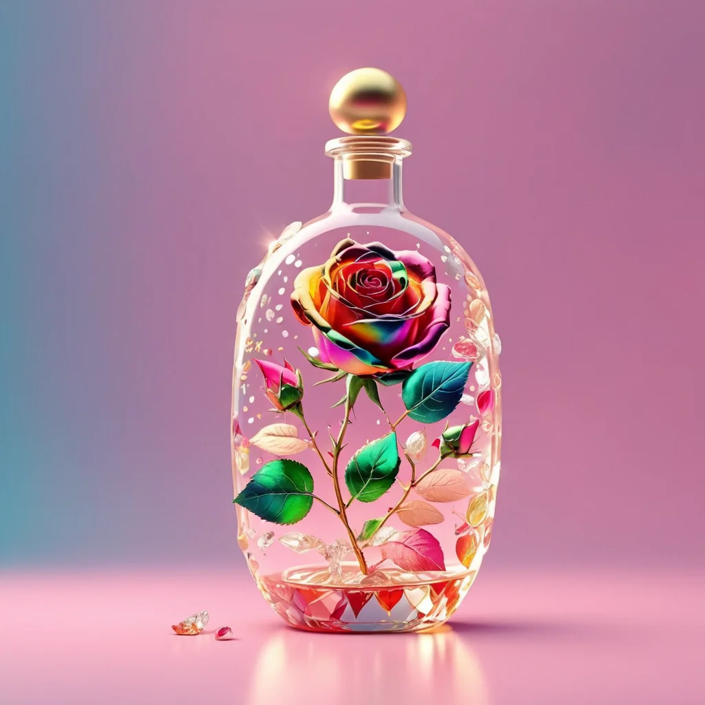 an image of, close-up, flowers MD_Jewelry,CN_SP style,the gem and Diamond colorful rose in the bottle, gem leaves, golden ,particles,dymanic pink background, faint light, front view ,film <lora:0210_rose-checkpoint-6000:0.7> <lora:0208_sprint_festival-checkpoint-8000:0.5>