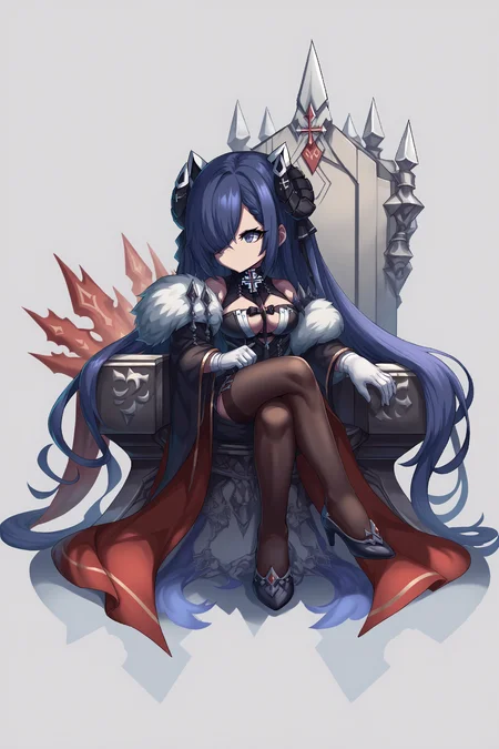 score_9, score_8_up, score_7_up, , rating_general,  ,1girl ,avpsd, hair over one eye, mechanical curled horns, mechanical cat ears, fur trim overcoat, black microdress, clothing cutout, iron cross brooch, (red crest), strap, strap between breasts, white gloves, black thighhighs, high heels, dynamic angle, source_anime, <lora:AugustVonParsevalPDCAME AL:1>, <lora:BraveFrontierPDCAME PixelArt:1>, pixel art, 2d, full portrait, simple background, white background, chibi, no mouth,  sitting on ruin throne, crossed legs,