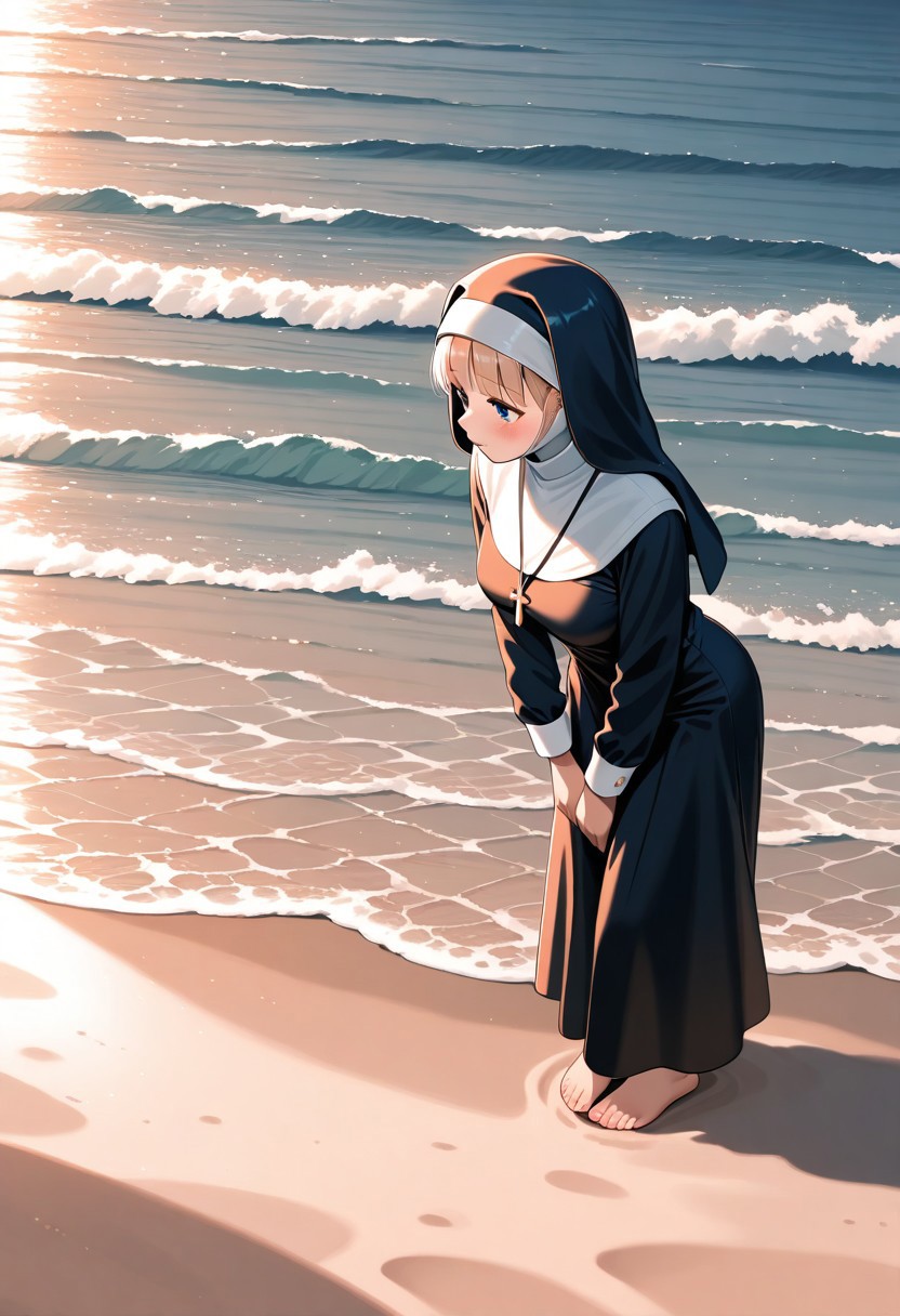 masterpiece, best quality, amazing quality,general, nun, beach, sunlight, limited palette,