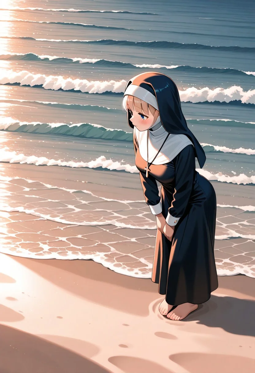 masterpiece, best quality, amazing quality,general, nun, beach, sunlight, limited palette,
