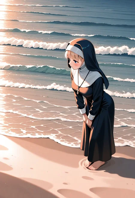 masterpiece, best quality, amazing quality,general, nun, beach, sunlight, limited palette,