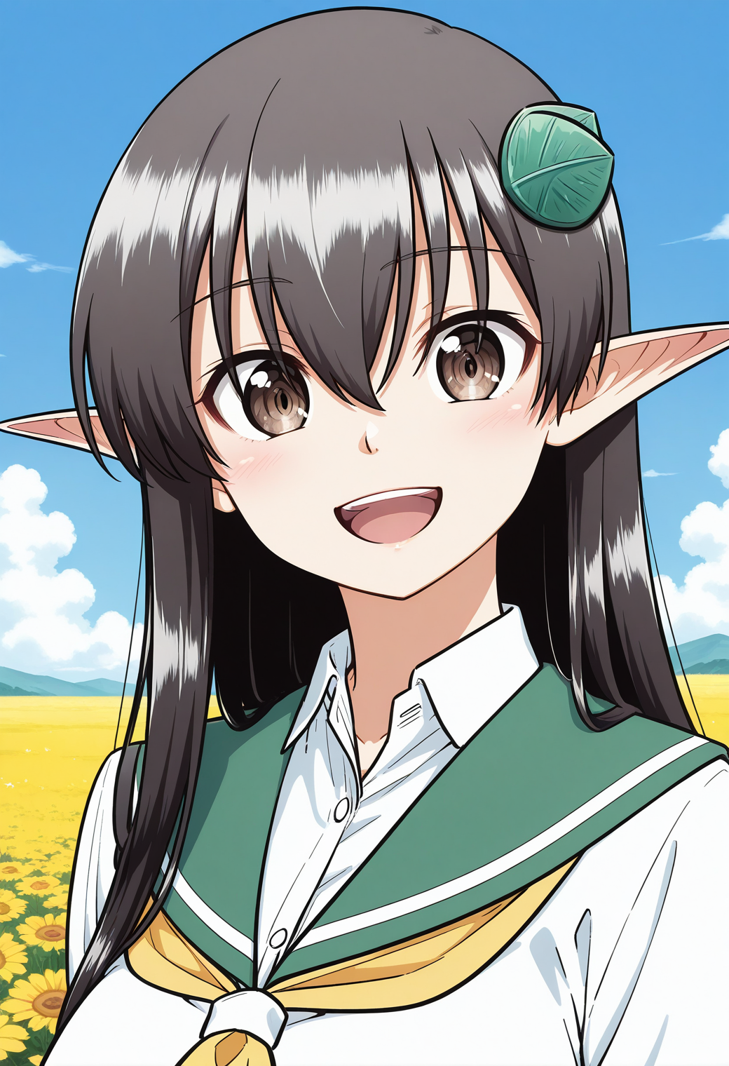 kazamori_itoko, pointy ears, brown eyes, black hair, long hair, hair ornament, school uniform, serafuku, collared shirt, long sleeves, , <lora:kazamori_itoko_illustrious_ver1:0.8> 
smile, 1girl, solo, (field:1.2), (blue sky:1.2), looking at viewer,, masterpiece, best quality, general,, (upper body:1.2), (close-up:1.2), (facing viewer:1.2), (open eyes:1.4), (portrait:1.2)
