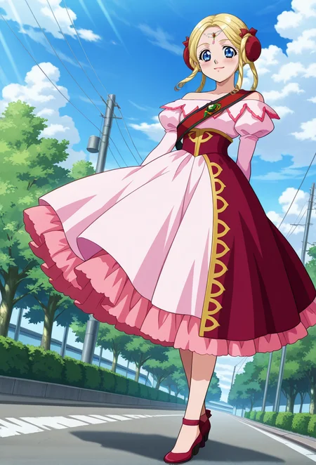street, outdoor, clouds, day, trees,
light smile, looking at viewer, blush,
full body, dynamic angle,
BREAK,
<lora:shineX_illustriousXL_v01:1>
shinedef, double bun, blonde hair, blue eyes, hair bun, parted bangs, jewelry, drill sidelocks, hair loops,
shinedefdress, puffy sleeves, frilled dress, pink dress, pink frills, bare shoulders, collarbone, layered dress, decorative hem, red waist clothes, ankle-length dress,
red footwear, ribboned shoes,, source_anime, very aesthetic, anime coloring, masterpiece, official art,
best quality, amazing quality, ultra detailed, very aesthetic,
detailed background,
BREAK,
