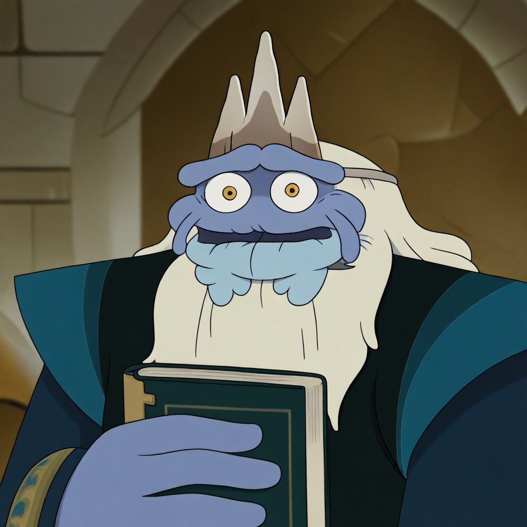 blue skin, tail, facing viewer, colored skin, wide-eyed, king aldrich, mustache, no humans, crown, book
