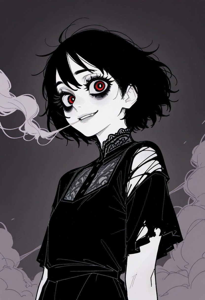 tfaix
bags under eyes, big eyes,  (black eyeshadow:0.8),  thick eyelashes, 
monochrome, greyscale, 
upper body, short hair, messy black hair, hair blowing in wind, mouth open, smoke from mouth, glowing red eyes, black lace dress torn sleeves, from side, sideways glance, looking at viewer, smirk, from below,
masterpiece, best quality, amazing quality,
sketch, unfinished, messy lineart, 
horror \(theme\), 
(in style of fujimoto tatsuki \(style\),:1.2) (norakura \(nr kura\):1.2),