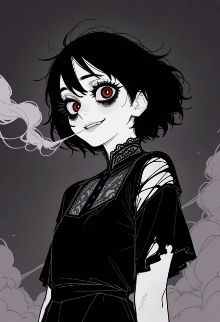 tfaix
bags under eyes, big eyes, (black eyeshadow:0.8), thick eyelashes,
monochrome, greyscale,
upper body, short hair, messy black hair, hair blowing in wind, mouth open, smoke from mouth, glowing red eyes, black lace dress torn sleeves, from side, sideways glance, looking at viewer, smirk, from below,
masterpiece, best quality, amazing quality,
sketch, unfinished, messy lineart,
horror \(theme\),
(in style of fujimoto tatsuki \(style\),:1.2) (norakura \(nr kura\):1.2),