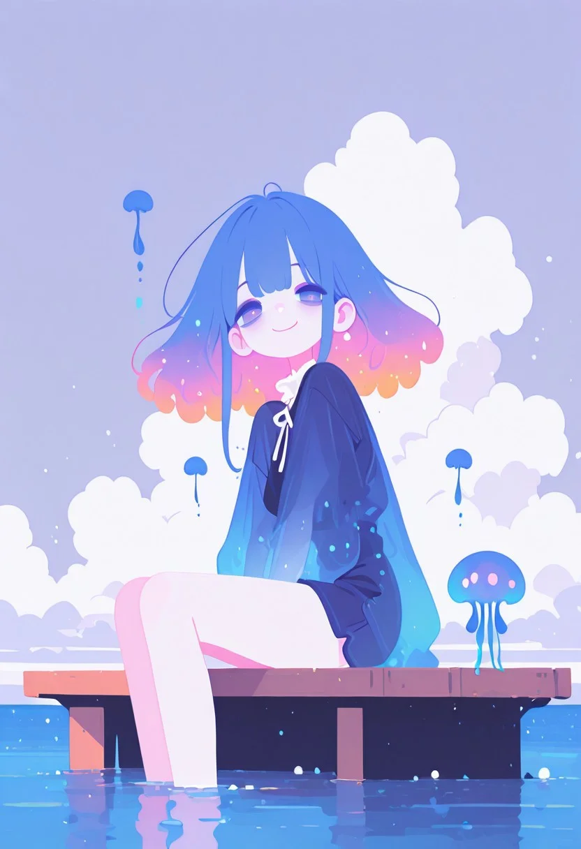 masterpiece, best quality, good quality, newest, highres, absurdres,
1girl, solo,, jellyfish, semi-luminous hair floating, pale translucent glow under eyes, sitting on edge of pier, legs in water, looking at at viewer, wind, outdoors, cloudy sky, mouth ,expression, ocean reflecting , smiling
flat color, no lineart
, Flatline, Flat vector illustration