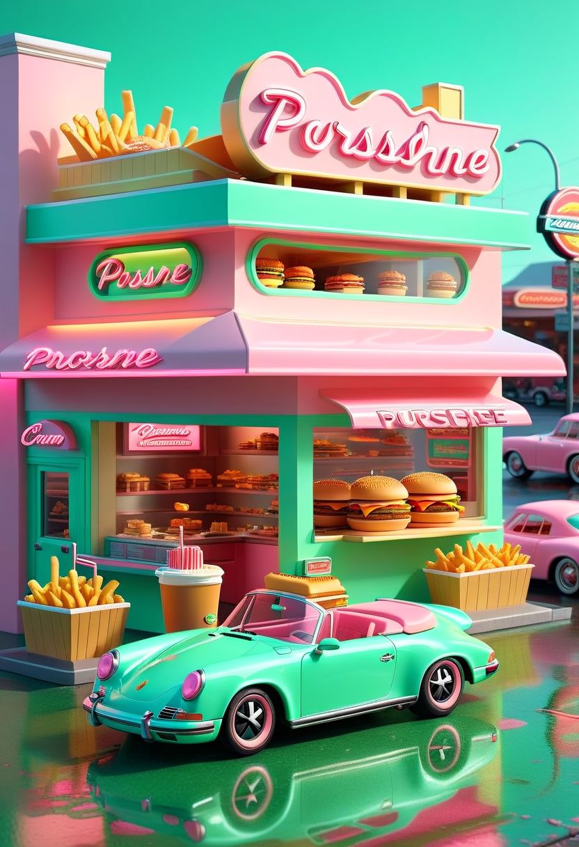 ispzxll, diorama, isometric, miniature, volumetric lighting style, intricate details, pastel-pink and seafoam-green porsche convertible car, wet pavement, fast food drive-thru, line of cars, burgers, fries, soda drinks, neon signs, reflective surfaces, glossy, 8k