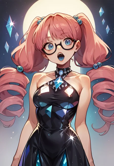 score_9, score_8_up, score_7_up, score_6_up, score_5_up, score_4_up, 1girl, long hair, pink hair, blue_eyes, medium_breasts, petite, cute, looking_at_viewer, pigtails, red hair_bobbles, hands_on_hips, glasses, black_nails, Perfect Hands, perfecteyes, blue_tongue, blue tongue, open_mouth, crystalline dress, black_dress, black sundress, covered_erect_nipples, starry background, goth