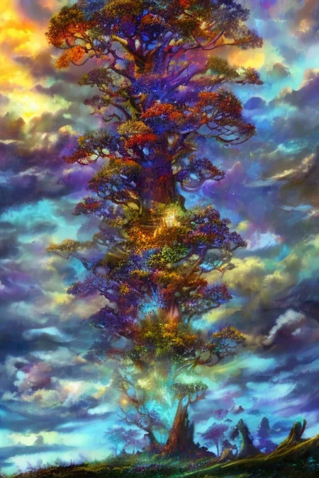 impressionism oil painting,
fantasy forest,
an expansive ancient forest, featuring towering oaks, diverse wildlife, a variety of flora, and a feeling of grandeur,
glowwave,
dawn,
thunderstorm, and many small clouds, and slightly cloudy, FanLan,