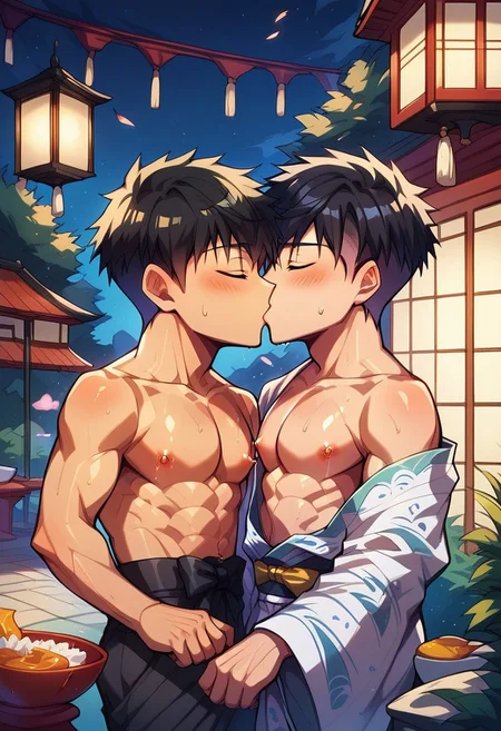 score_9, score_8_up, score_7_up, score_6_up, masterpiece, uncensored, best quality, amazing quality, best aesthetic, absurdres, intricate details, source_anime, yaoi, gay BREAK 2boys, 18 years old, blonde hair, black hair, pixie cut, red eyes, yellow eyes, pecs, nipples, kimono, revealing clothes BREAK kissing, closed eyes BREAK outdoors, Japanese festival, flower, lantern, night, heart, ch3b3sq4at