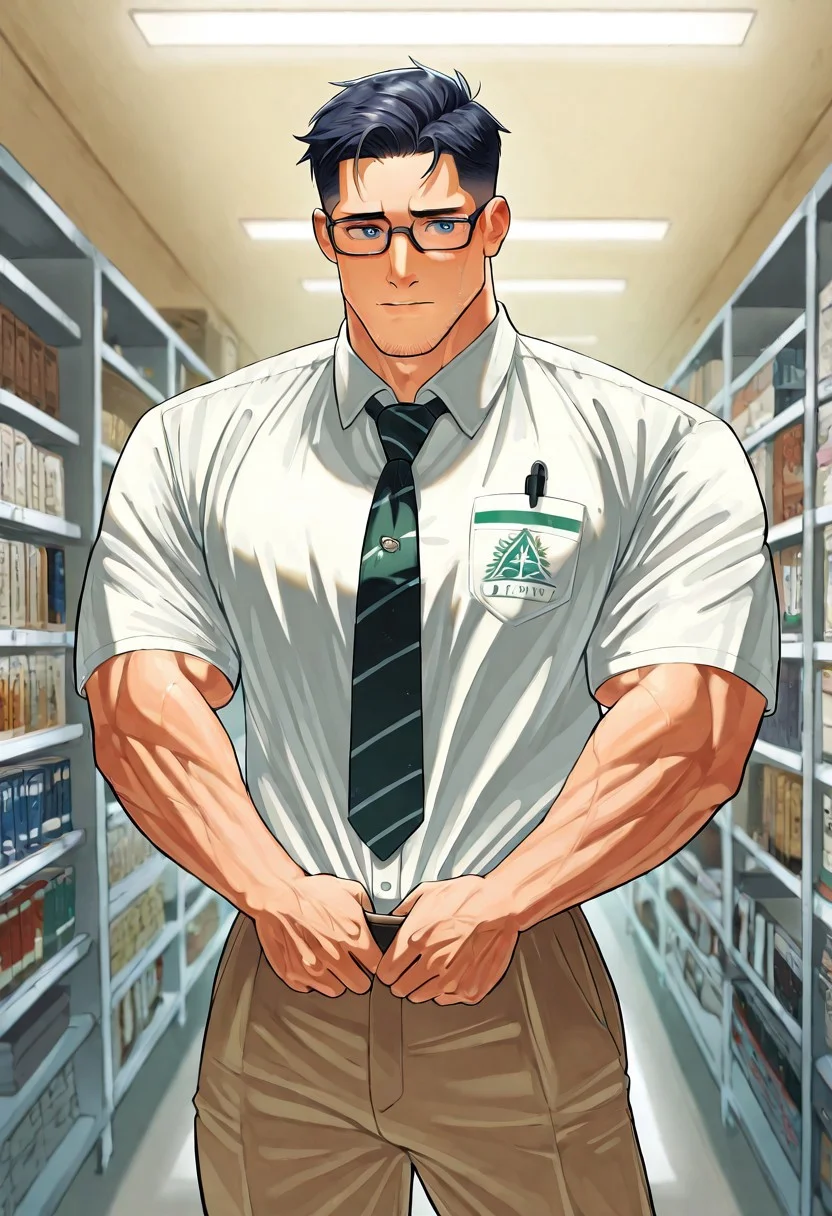 "A young Asian-American man in his early twenties stands in a quiet university lab, bathed in soft fluorescent light. He’s slim, standing 5'8" with a toned but slight build, weighing around 140lbs. His thick black hair is neatly side-parted, impeccably styled. He wears pressed khaki pants, a crisp white button-up shirt, and a slim navy tie — typical academic attire — along with wire-framed glasses that slip slightly down his nose. His face is soft, with sharp cheekbones but a gentle jawline, clean-shaven with only the faintest hint of evening stubble. His skin is smooth and fair with a slight pallor from long hours indoors. His dark blue eyes are warm and nervous, often darting away shyly. His posture is hunched slightly, as if trying to take up less space. Behind him, shelves overflow with dense textbooks, neatly organized notes, and complex biochemical diagrams."