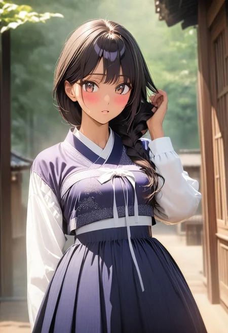 gorgeous lips, cinematic, (masterpiece), (best quality), (ultra-detailed), very aesthetic, illustration, perfect composition, intricate details, absurdres, detailed face, (anime, masterpiece, intricate:1.3), (best quality, hires textures, high detail, ultra detailed background:1.2), brown eyes,
1girl, tan skin, very long black hair, twin braids, wavy hair,medium breasts, perfecteyes, 8k, highest quality, ultra details,1girl, solo(indigo and purple korean style hanbok, indigo hanbok top, purple and indigo hanbok skirt,:1.4), indigo hair ribbon, slippers,standing under a wooden awning, ancient korean wooden village, heavy rain, raining, wet hair, wet clothes, mountainous land,happy, pursed lips, cinematic lighting, hair blowing in the wind, hanbok skirt blowing in wind, blush,fixing hair, holding skirt, (from front:1.4), cowboy shot, evening time, wooden lanterns, forest background