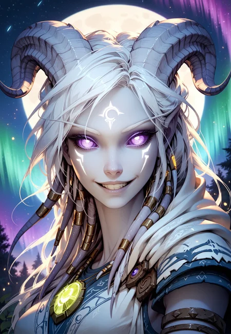masterpiece, score_9, score_8_up, score_7_up, score_6_up, world of warcraft, fantasy, <lora:add-detail-xl:1.5>, 

fFaceDetail, (female, draenei, h0rns, ram horns, white horns, tall, athletic arms, pale white skin, long white hair, purple eyes, no sclera, long white tail, long fingers), 

upper body, close up, looking toward viewer, soft smile, 

(long loose white dress, white hood with black trim, tail under dress, simple armlet, small yellow gem pendant), 

depth of field, outdoor, night, moon, aurora