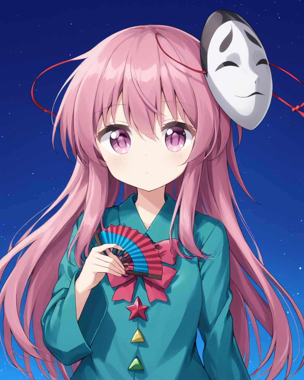 hata no kokoro,1girl, solo, shirt, expressionless, mask, looking_at_viewer, simple_background, bow, long_sleeves, folding_fan, upper_body, blue_background, holding
<lora:hata_no_kokoro_image5070_2023-12-20:1>,star-shaped_pupils,symbol-shaped_pupils,. gorgeous,key visual, vibrant, studio anime,award-winning, professional, highly detailed,high budget, cinemascope