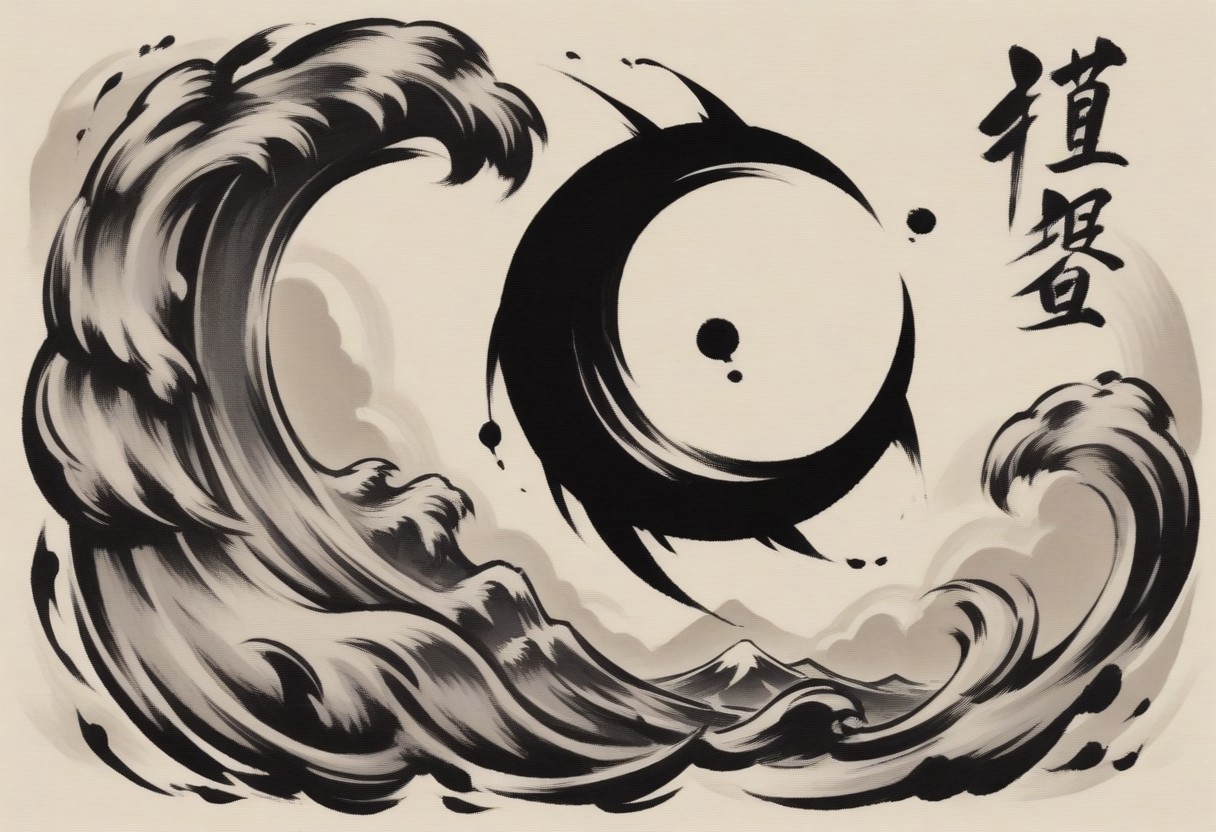 sumi-e, minimalist style, heavy ink, thick lines, smudged lines,
Chandra gasps in shock as a massive wave crashes onto the shore