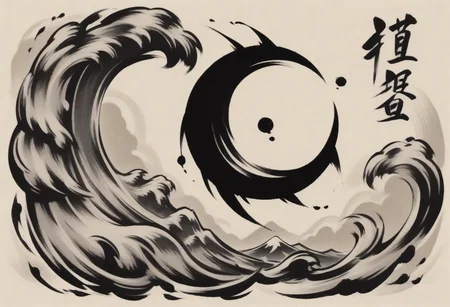 sumi-e, minimalist style, heavy ink, thick lines, smudged lines,
Chandra gasps in shock as a massive wave crashes onto the shore