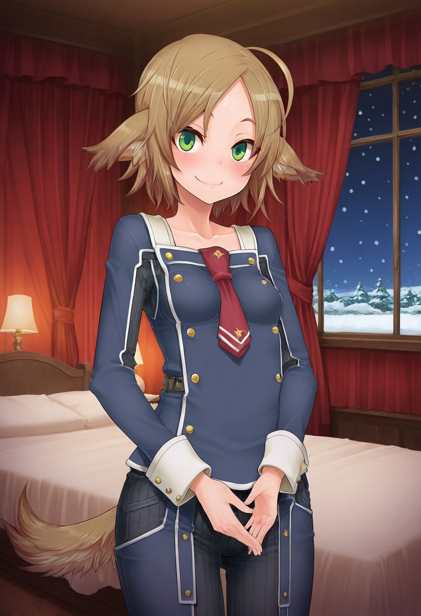 (1girl, solo) noa riads, animal ears, Green Eyes, tail, brown hair, short hair, Pretty eyes, , 1girl, solo, , blush, smile,, brown hair,, fluffy tail, ahoge, animal ears, dog ears, small breasts, swept bangs bedroom, green eyes, animal ears, tail, collarbone, ,
Eye focus ,(skindentation:1.2), shiny skin, shiny body, shiny hair, (best quality) , (highly detailed) ,((masterpiece)), ((best quality)), (ultra-detailed), ((extremely detailed)), (high resolution), 4K, (8K), best quality, (beautiful), (dynamic lighting), (super detailed skin), sharp focus,detailed eyes、detailed face and detailed skin detailed eyes、detailed face and detailed skin,  skindentation, clear skin, shiny hair, ultra detailed eyes, depth of field, sharp, intricate details, hyperdetailed, shindol, 
,, uniform, necktie, pants, night, snow, snowing,, cowboy shot ,(((perfect anatomy))), (((correct arms))), (((correct hands)))