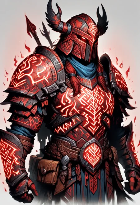 glowing red runes, a warrior wearing rune armor with a horned helmet, cartoon, white background, intense colors