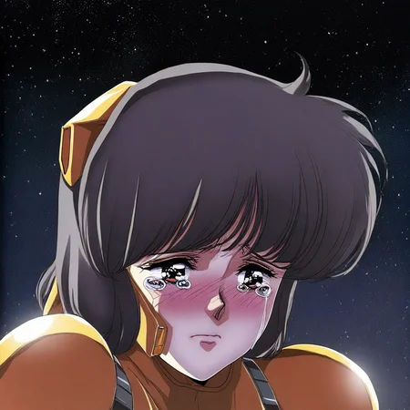 (uru5h1h4r4:1.4), anime lineart, 1girl, beautiful eyes, sad, tears, blush, science fiction, orange mecha pilot suit, tight bodysuit, science fiction, 1980s \(style\), starry sky, depth of field, masterpiece, best quality, hyper-detailed, 8k uhd::1.4), simple background