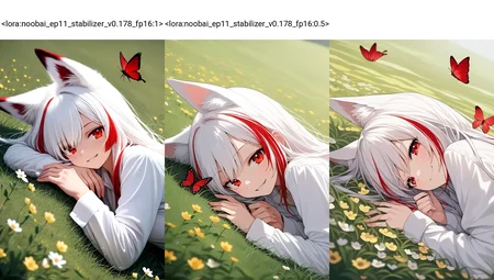 <lora:noobai_ep11_stabilizer_v0.178_fp16:1>1girl,fox ears,red hair,white hair,red eyes,multicolored hair,lying on grass field,upper body,on side,looking at viewer,shirt,long sleeves,smirk,red butterfly,depth of field,flower,masterpiece,