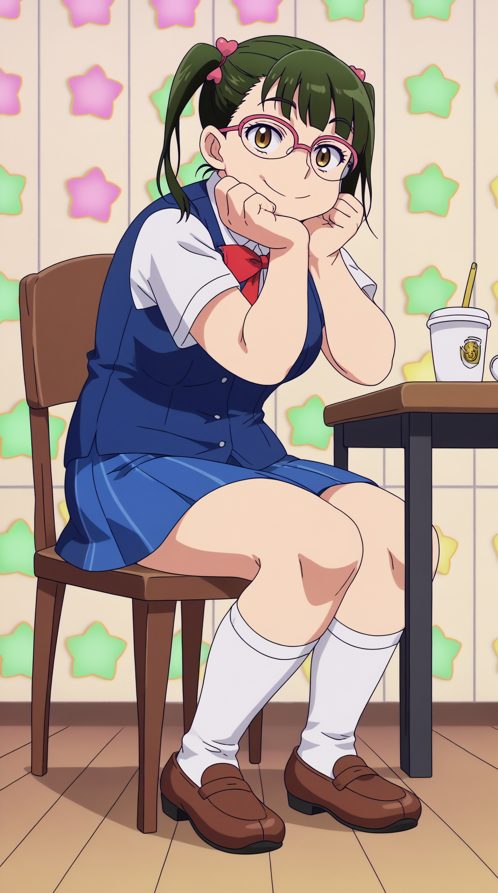 score_9, score_8_up, score_7_up,anime_source, source_anime, best background, detailed background, anime screencap, 4k, upscale,  Nikuko, Main Outfit, solo, looking at viewer, smile, full body, plump, sitting, chair, table, bored, hand on chin,  <lora:JN_Nikuko_Pony:0.8>
