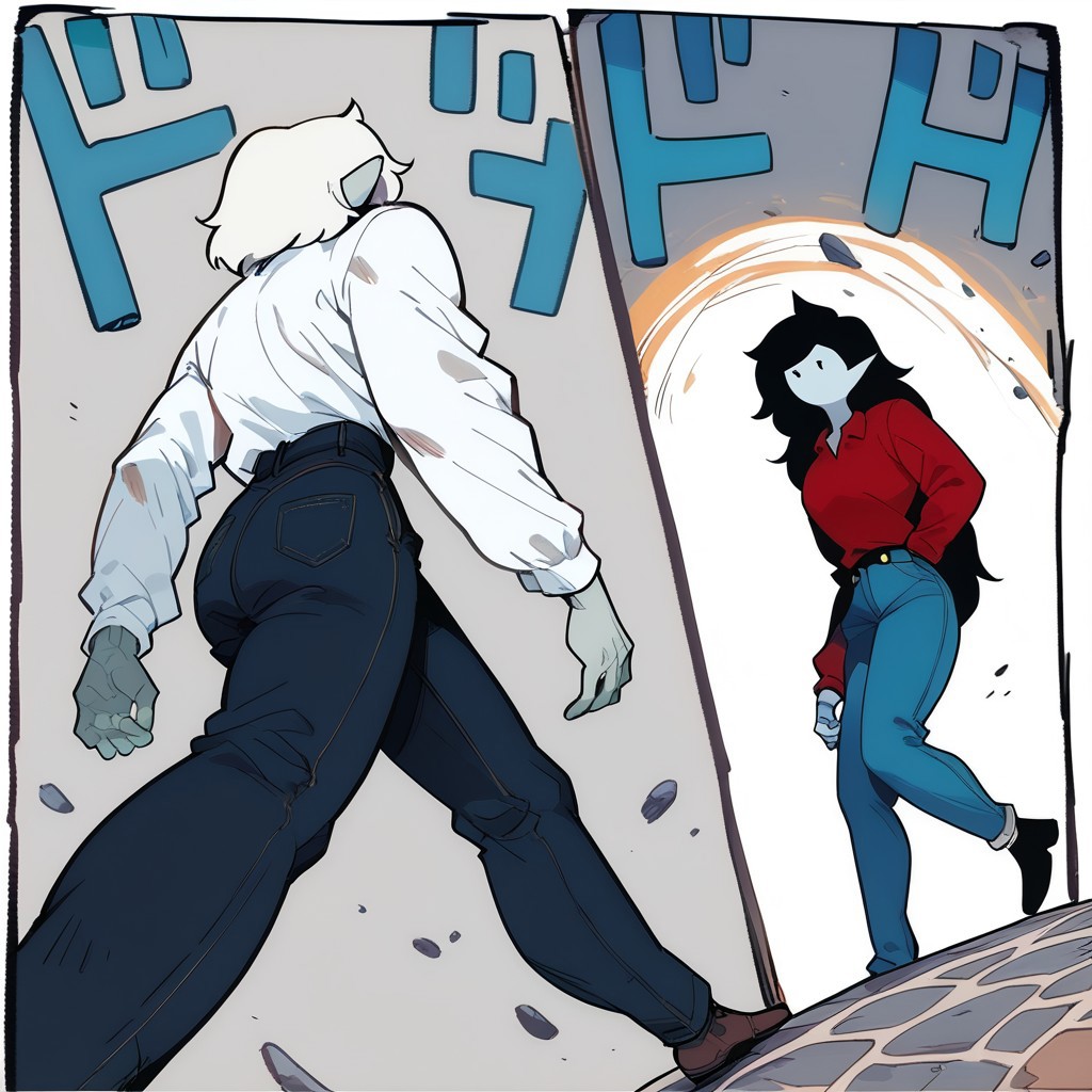 score_9, score_8_up, score_7_up, score_6_up, ApproachingMeMeme, dutch angle, walking, two people, outdoors, BREAK, bg3astarion, white hair, pale skin, elf ears, male, masculine, white shirt, leather pants, from behind, BREAK adventure time, Marceline, black hair, grey skin, red shirt, blue jeans, female, feminine