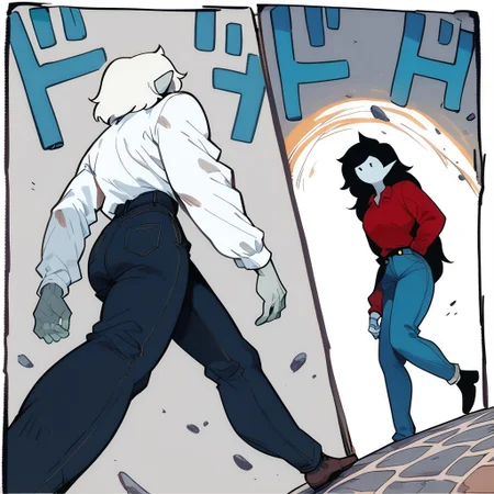 score_9, score_8_up, score_7_up, score_6_up, ApproachingMeMeme, dutch angle, walking, two people, outdoors, BREAK, bg3astarion, white hair, pale skin, elf ears, male, masculine, white shirt, leather pants, from behind, BREAK adventure time, Marceline, black hair, grey skin, red shirt, blue jeans, female, feminine