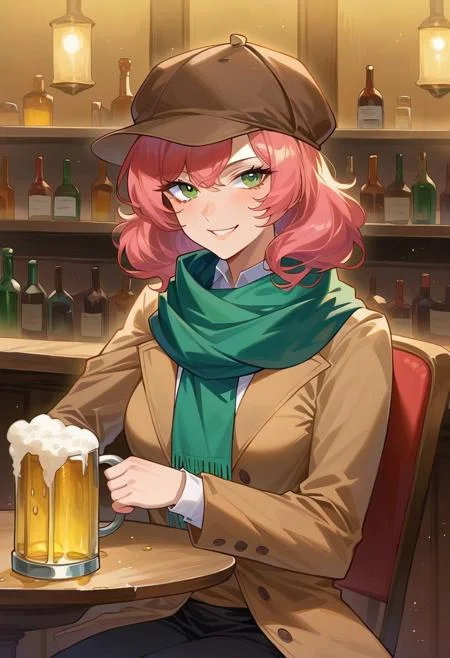 Masterpiece, High quality, OC, Female Adult woman, solo, 1girl, Detective woman, Short pink hair, Green eyes, Long Brown detective coat, brown Detective deerstalker hat, green scarf, black pants, serious face expression, sitting on chair, Holding cup of Beer, Looking at viewer, soft smile, Bar Background