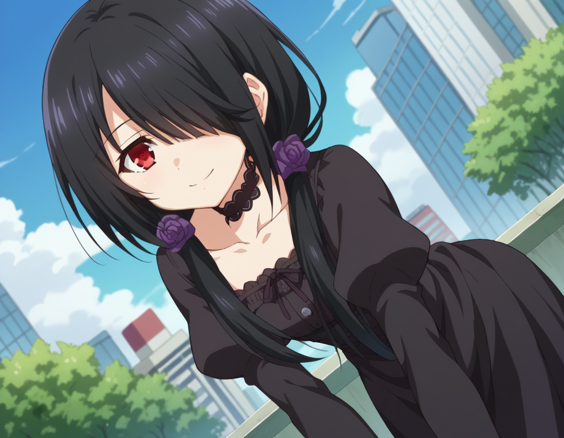 score_9, score_8_up, score_7_up, source_anime, 
kurumitokisaki, <lora:kurumi-tokisaki-ponyxl-lora-nochekaiser:1>, 
kurumi tokisaki casual, long hair, black hair, red eyes, long sleeves, dress, pantyhose, hair over one eye, black dress, black pantyhose, puffy sleeves, choker, collarbone, skirt, black skirt, flowers, hair flowers, purple flowers, twintails, low twintails,
outdoors, cityscape, smile, bent over,
looking at viewer, cowboy shot, dutch angle,