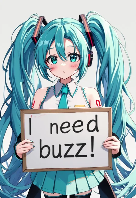 need_buzz, holding sign, hatsune miku, absurdly long hair,aqua hair,twintails,hair ornament,sidelocks,hair between eyes,parted bangs,aqua eyes, white shirt,collared shirt,bare shoulders,sleeveless shirt,aqua necktie,detached sleeves,black sleeves,shoulder tattoo,fringe,black thighhighs,miniskirt,pleated skirt,zettai ryouiki,thigh boots