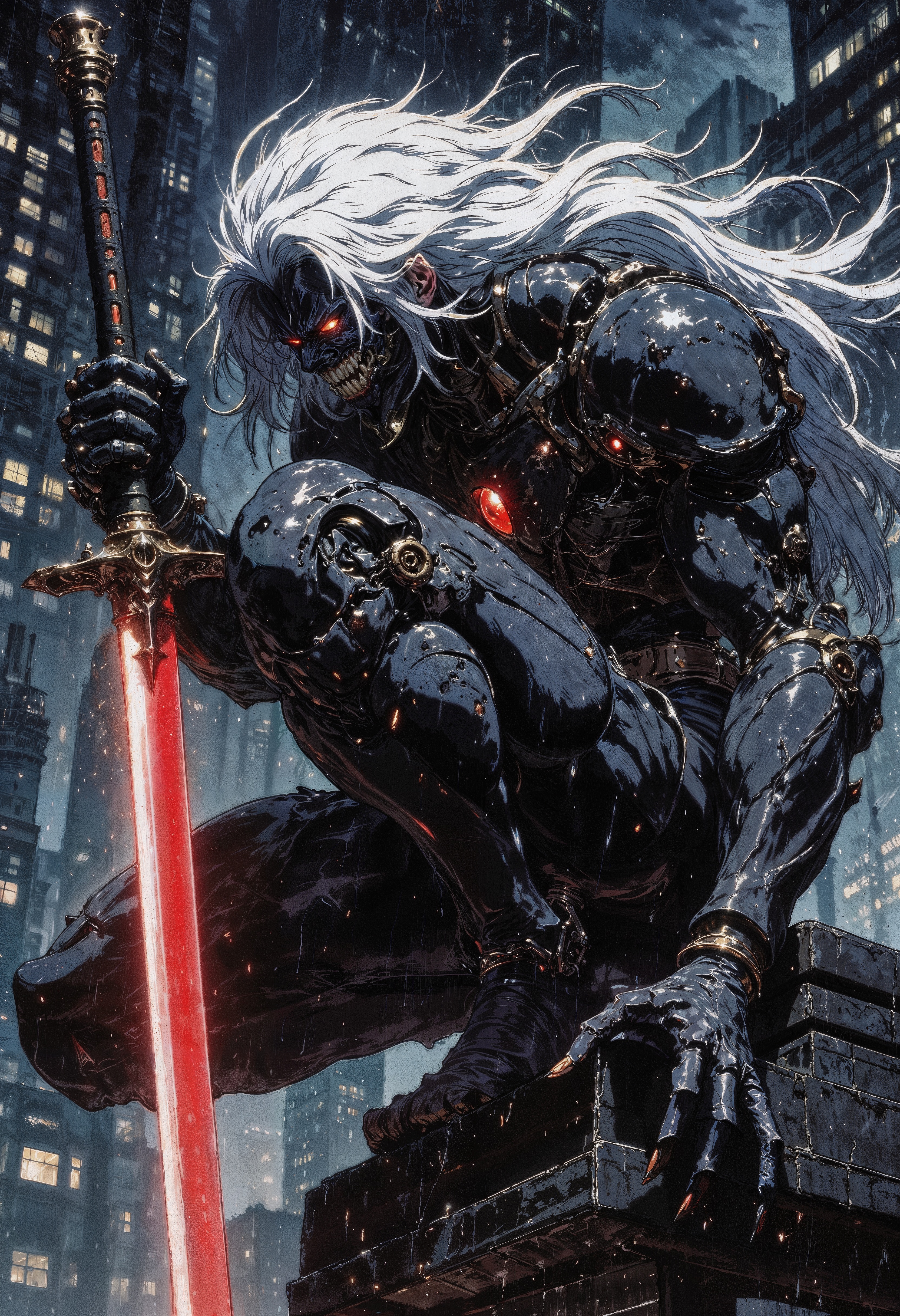 a futuristic, cyberpunk style. It depicts a humanoid figure with long, flowing white hair, crouched on a rain-soaked rooftop in a cityscape. The figure is clad in a sleek, black, armored suit with intricate mechanical details, giving a robotic appearance. The eyes are glowing red, adding an intense, menacing look. The character holds a katana with a glowing red blade, suggesting a high-tech weapon. The background shows a blurred city skyline with illuminated windows, enhancing the night-time setting. The rain is depicted with fine lines, adding a dynamic and atmospheric element to the scene. The overall color palette is dark, with shades of black, grey, and red dominating the composition, creating a dramatic and intense visual impact.
