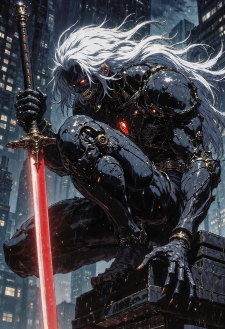 a futuristic, cyberpunk style. It depicts a humanoid figure with long, flowing white hair, crouched on a rain-soaked rooftop in a cityscape. The figure is clad in a sleek, black, armored suit with intricate mechanical details, giving a robotic appearance. The eyes are glowing red, adding an intense, menacing look. The character holds a katana with a glowing red blade, suggesting a high-tech weapon. The background shows a blurred city skyline with illuminated windows, enhancing the night-time setting. The rain is depicted with fine lines, adding a dynamic and atmospheric element to the scene. The overall color palette is dark, with shades of black, grey, and red dominating the composition, creating a dramatic and intense visual impact.