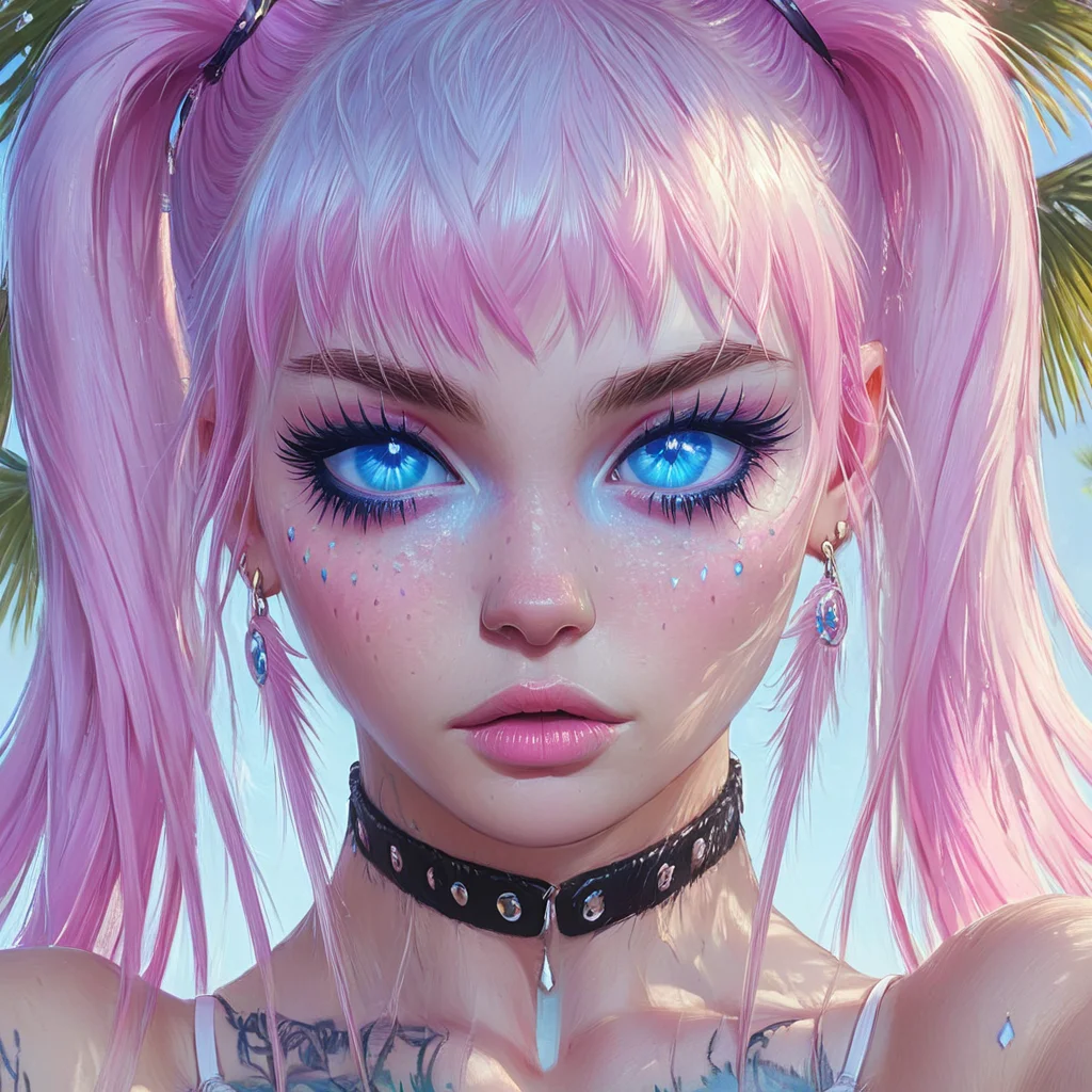 <lora:add-detail-xl:1.2>, <lora:Vaporwave_SDXL:1> ArsMJStyle, Vaporwave female open eyes albino piercing 1girl, solo, twintails, looking at viewer, pink hair, blue eyes, choker, eyelashes, jewelry, tree, long hair, freckles, bangs, palm tree, earrings, mascara, tattoo, collarbone, lips, gem