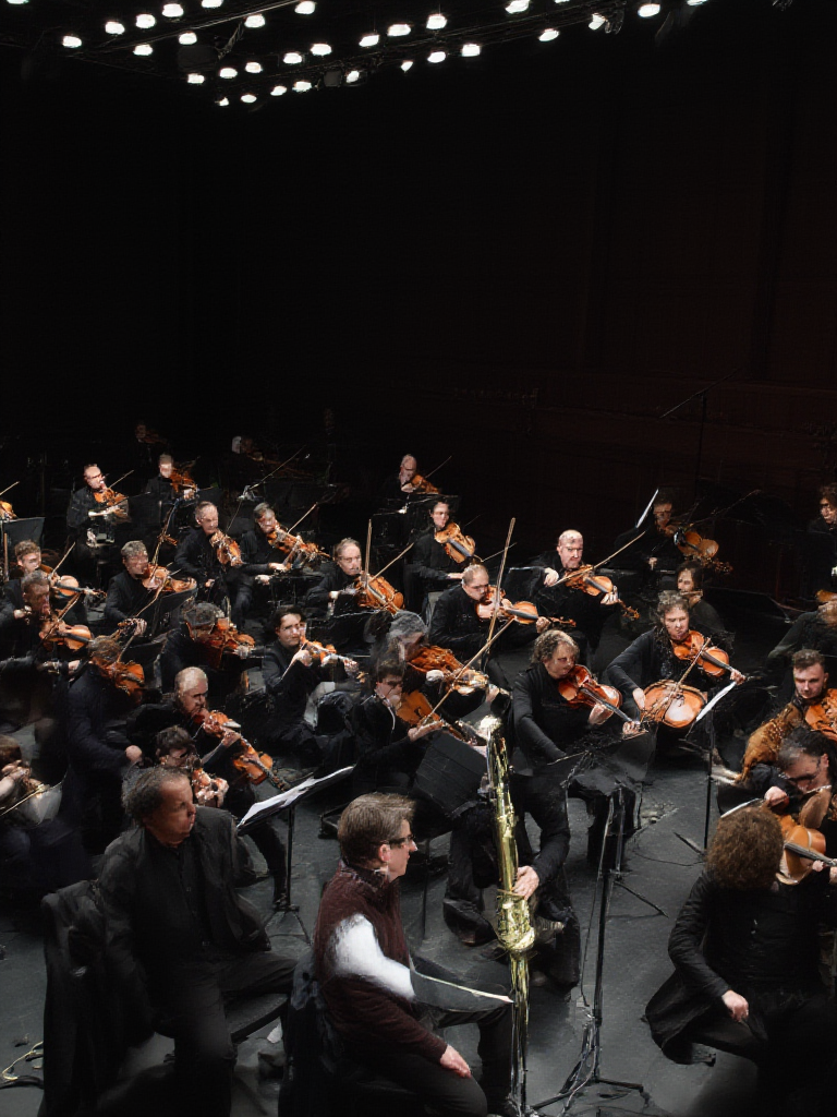 real, realistic, cinematic realism.
a full orchestra in a dark room, at least 20 members playing various impossible instruments like table legs and old boots and washboards.