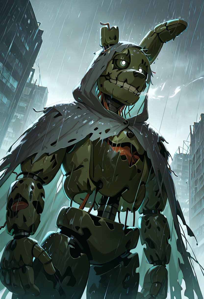 masterpiece, best quality, amazing quality, very aesthetic, absurdres, newest, detailed background, foreground blur, (( cartoon,  )),
springtrap, no humans, robot, animal ears, teeth, damaged, mechanical parts, joints, circular head, round head, glowing white pupils, dark green eyelids, white sclera, normal eyes, human eyes, 
cowboy shot, dynamic angle, grey cloak, ripped cloak, hood up, raining, heavy rain, destroyed city, grey clouds, grey sky, heavy rain storm, blowing rain,