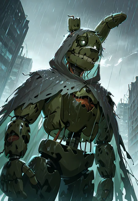 masterpiece, best quality, amazing quality, very aesthetic, absurdres, newest, detailed background, foreground blur, (( cartoon,  )),
springtrap, no humans, robot, animal ears, teeth, damaged, mechanical parts, joints, circular head, round head, glowing white pupils, dark green eyelids, white sclera, normal eyes, human eyes, 
cowboy shot, dynamic angle, grey cloak, ripped cloak, hood up, raining, heavy rain, destroyed city, grey clouds, grey sky, heavy rain storm, blowing rain,