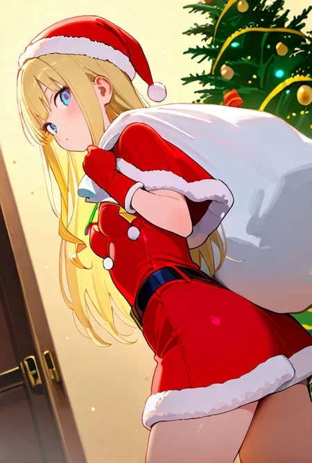 masterpiece, High quality, Ultra detailed, 2d, newest, absurdres, highres, BREAK
1girl, solo, <lora:QNELI_v2_LISETTElora:0.8>, qneli, long hair, blonde hair, blue eyes,
small breasts, qneliNd, santa costume, santa hat, christmas, sack, merry christmas, gift, fur-trimmed headwear, holding sack, santa dress, fur-trimmed dress, christmas tree, christmas tree, fur trim, red capelet, gift box, red gloves, fur-trimmed capelet, santa gloves, red hat, hat,