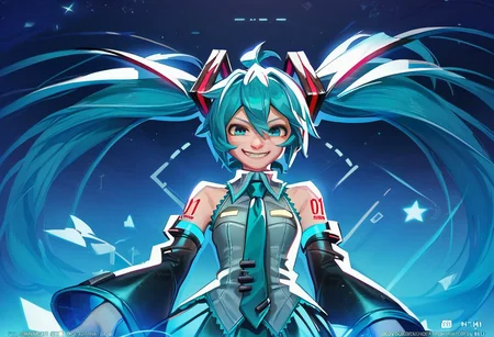 ((mvpscreen, official art)), score_9, score_8, score_7, masterpiece, solo, female focus, 1girl, portrait, fx, power fx, hatsune miku, blue hair vocaloid, skirt, leek, smug smile, !