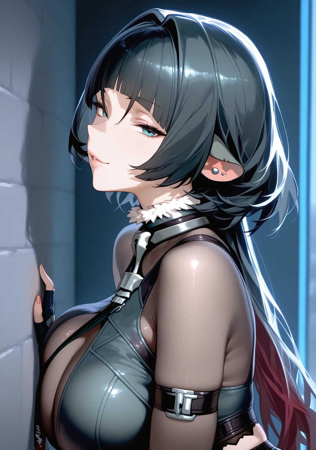 masterpiece,best quality,amazing quality,<lora:enjisdstyle:1>,enjisdsty,
1girl,looking at viewer,jane doe \(zenless zone zero\),from side,wall,Backed against the wall,