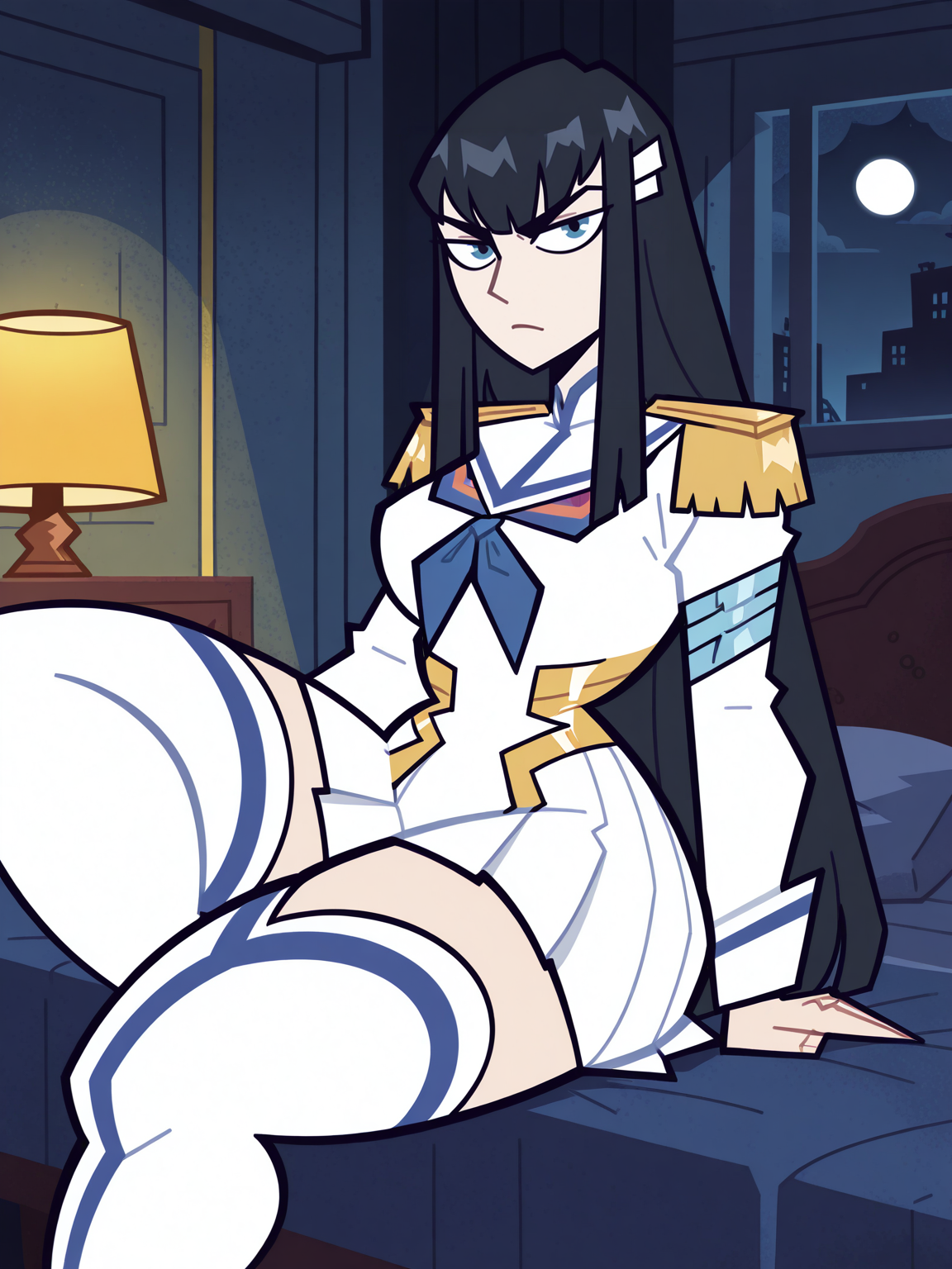 <lora:kiryuin_satsuki_illust_scarxzys:0.7>,
kiryuuin satsuki, blue eyes, black hair, blunt bangs, long hair, thick eyebrows, hairclip,
military uniform epaulettes, pleated dress miniskirt, blue neckerchief, white serafuku, long sleeves, thigh boots,
luxory interior, bedroom,
cowboy shot, 
sitting,
indoors,
night,
solo,
, [5 fingers], goodbyellow style, toon style, <lora:GoodbyellowIL:1>, flat colors, flat color