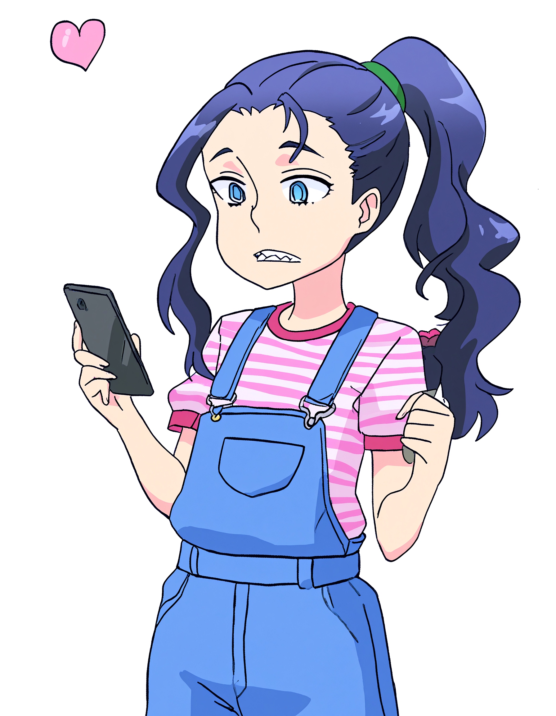 high quality, newest, hires, oshiete! galko-chan, 1girl, kibami, solo,blue eyes, sharp teeth,long hair, blue eyes,shirt,blue hair, ponytail, short sleeves, heart, teeth, striped, wavy hair, phone, cellphone, sharp teeth, clenched teeth, smartphone, overalls