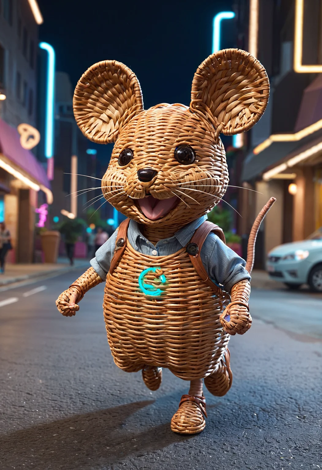 wkrstyle, a wicker mouse, big ears, cute smile, running on a street, near a car, futuristic city, neon lights, dark atmosphere