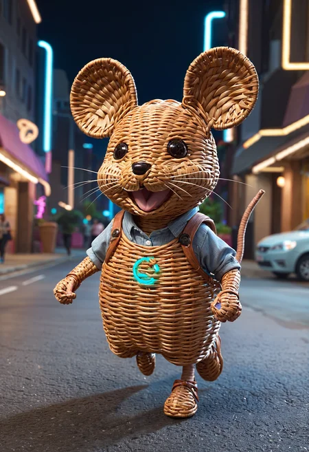 wkrstyle, a wicker mouse, big ears, cute smile, running on a street, near a car, futuristic city, neon lights, dark atmosphere