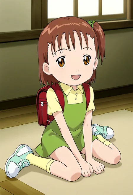 score_9, score_8_up, score_7_up, source_anime, anime screencap, masterpiece, best quality,
(1girl), jerikatou, ((solo, alone)), short petite, small body, flat chest, brown hair, side ponytail, brown eyes, green dress, smile, open mouth, looking at viewer,
BREAK
(yellow collared shirt, shoes, yellow socks, red backpack) 
BREAK
(sitting on the floor), ((wariza)), indoor, bedroom, bed in back, window in back, carpet on the floor, window in back during the day.
