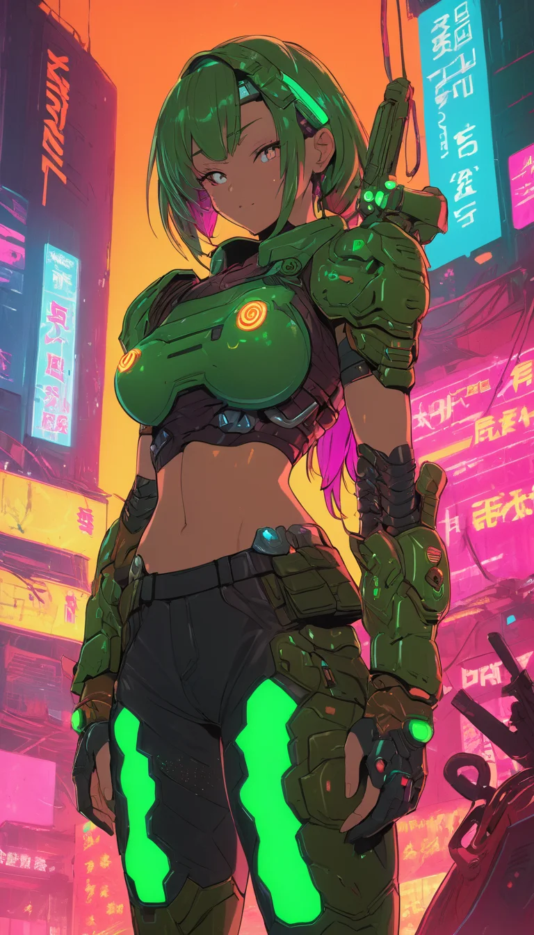 anime artwork Female Doomguy, reimagined in a cyberpunk universe, colorful cyberpunk surroundings, cyberpunk, cyberpunk outfit, cyberpunk art style, glowing multicolored neon lights, cinematic scene, detailed background, masterpiece, best quality, high quality, highres, absurdres, 16k resolution <lora:doomguy_xl_v1:1> <lora:add-detail-xl:1> <lora:neg4all_bdsqlsz_xl_V7:1> . anime style, key visual, vibrant, studio anime, highly detailed