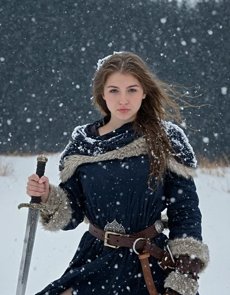 young warior woman holding a sword, portrait, outdoors, holding weapon, snowing, particles, belt, sword, snow, age 20, 20 years old, windy