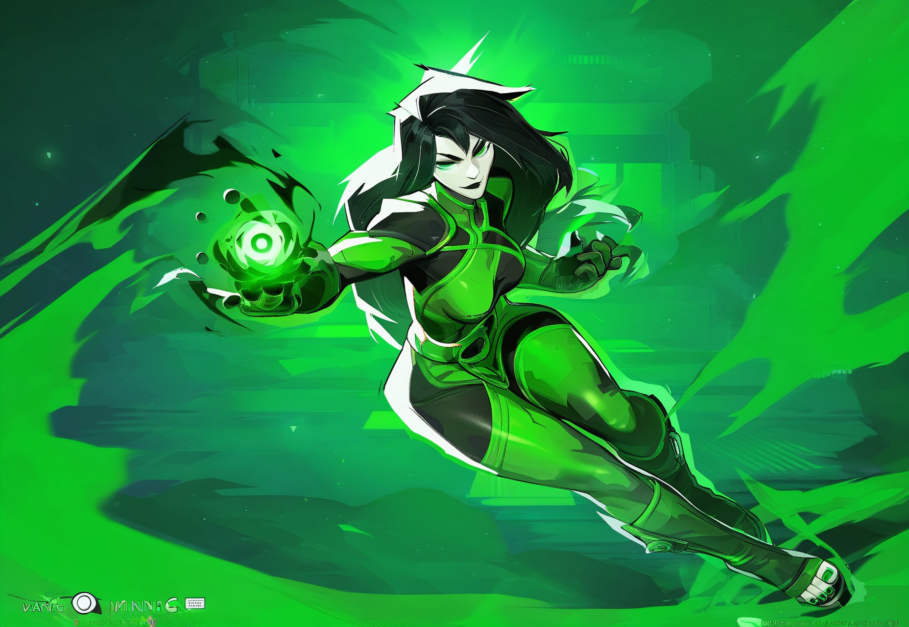 safe_pos, ((mvpscreen, official art)), score_9, score_8, score_7, masterpiece, solo, female focus, 1girl, portrait, zy_shego, 1girl, long hair, black hair, green eyes, makeup, gloves, colored skin, bodysuit, open-toe boots, sexy legs, green painted toenails, black boots, thighs, green smoke background, laboratory, depth of field, highly detailed, high contrast, film grain, Rim Lighting, power fx, magic, aura, smug, assertive female, 